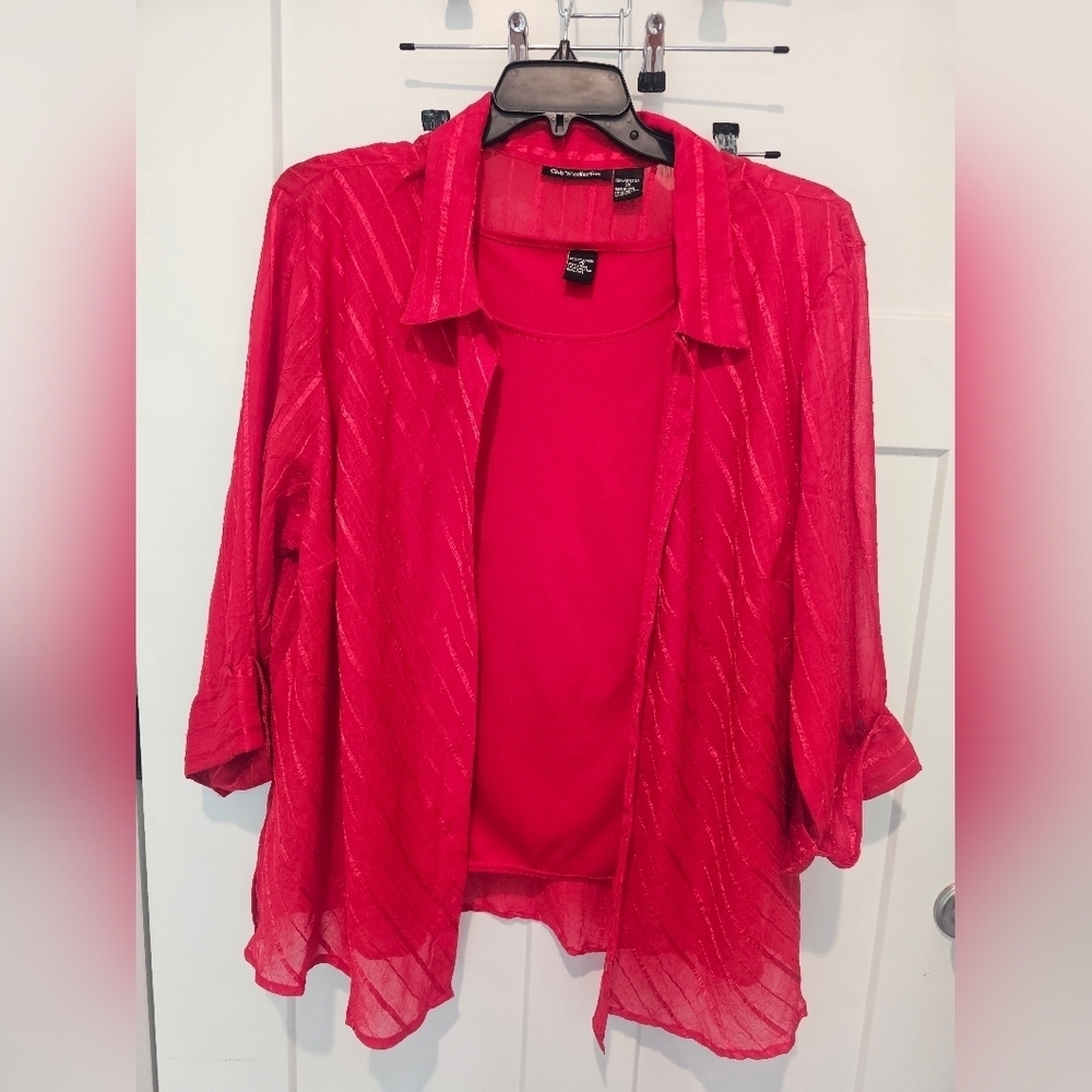 Club Z Collection Women’s 3X Red Sheer Blouse Tank Top Set 2-Piece Button Front